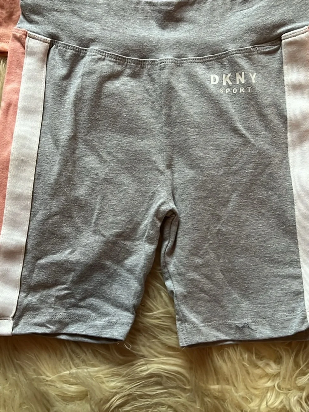 DKNY Pink Peach Glitter Logo Tee with Gray shorts